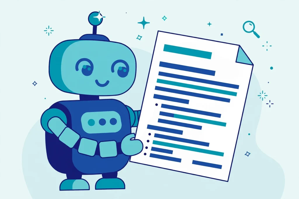 Ilustrasi robot membaca artikel terstruktur, yaitu konten yang siap dikutip AI