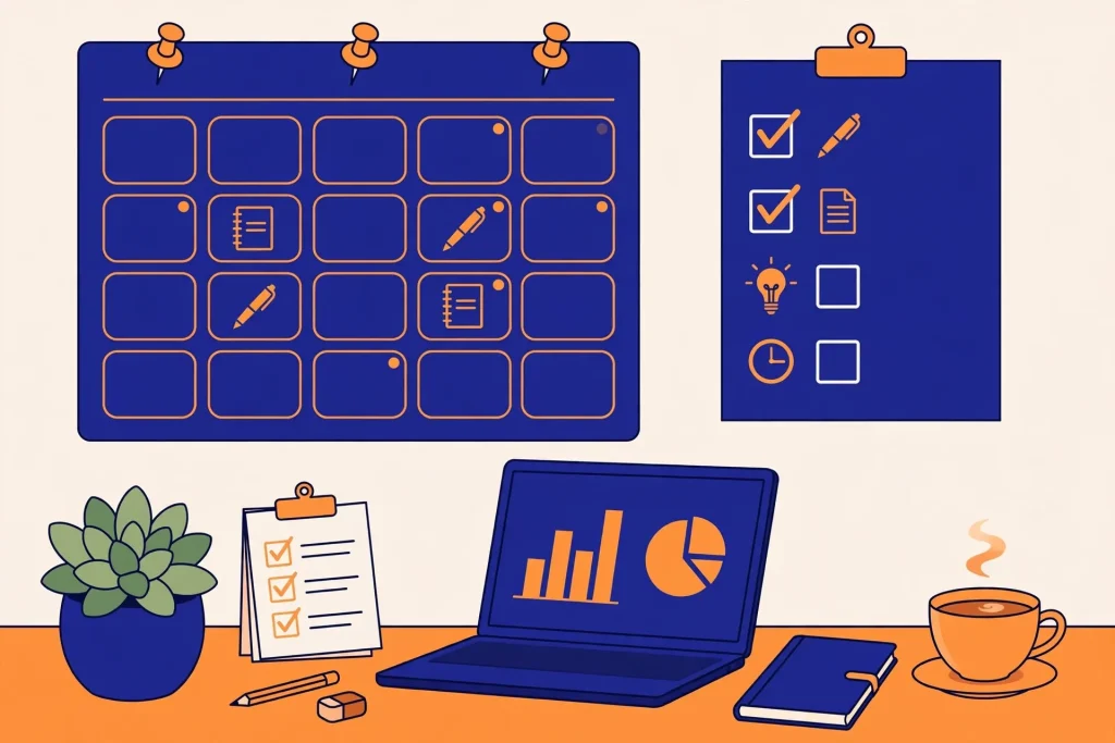 Ilustrasi kalender editorial dan meja kerja penulis untuk perencanaan konten yang konsisten dan terstruktur